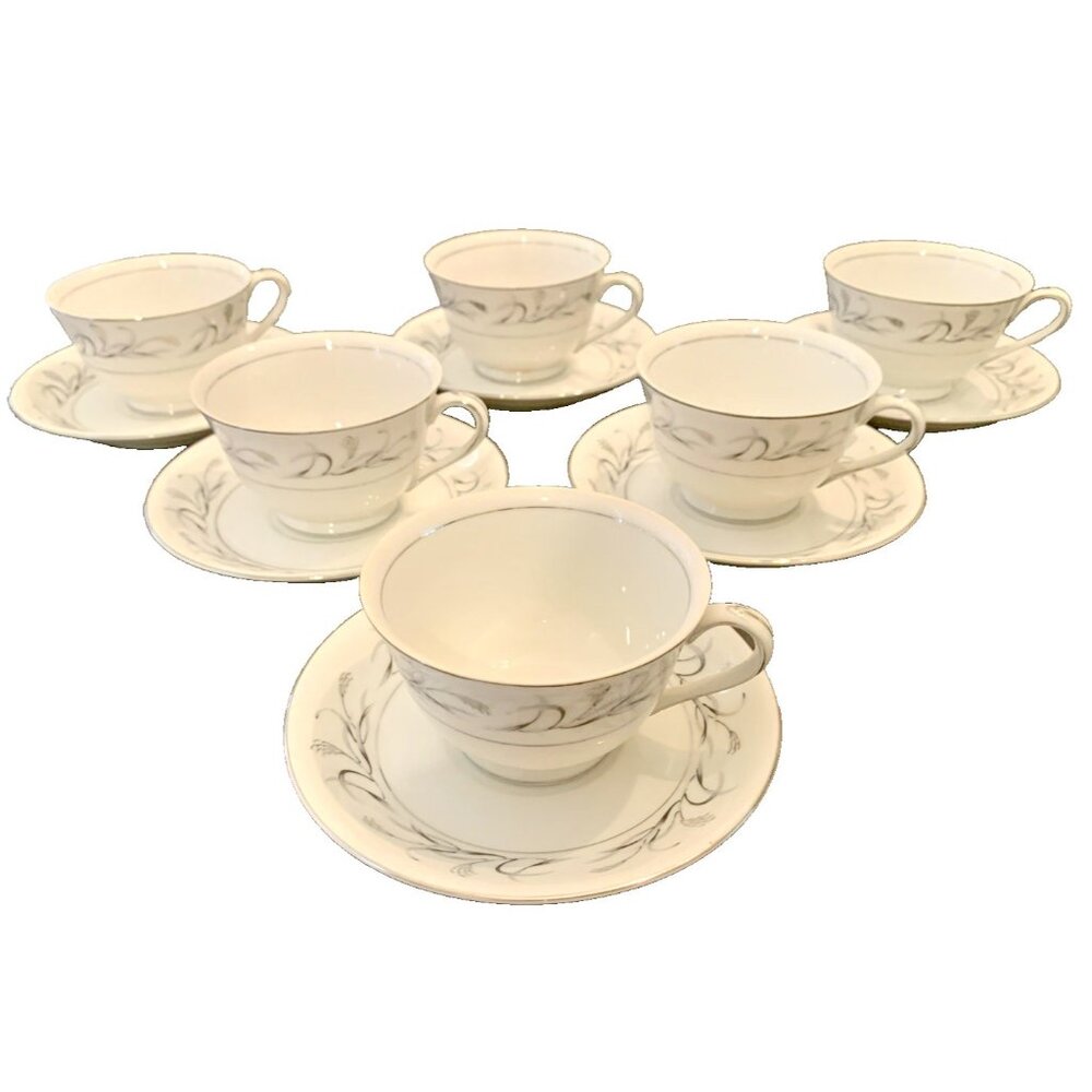 6 Harmony House Platinum Wheat Footed Cup & Saucer Set Platinum Garland